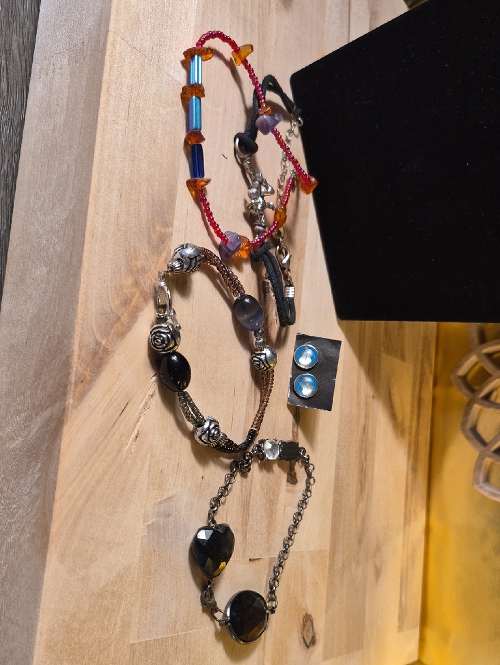 Black Bead and Chain Bracelet - Black, Several Bracelets And Pair Of Earrings.